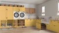 Pet friendly modern yellow and wooden laundry room, mudroom with cabinets and equipment, washing machine and dryer. Dog shower