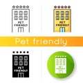 Pet friendly motel exterior icon. Domestic animals welcome five-star hotel. Cats and dogs permitted hostel, welcome zone