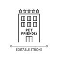 Pet friendly motel exterior pixel perfect linear icon. Animals welcome five-star hotel. Thin line customizable