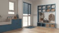 Pet friendly mudroom, laundry room, cabinets and shelves in blue and wooden tones. Dog bath shower with mosaic tiles and