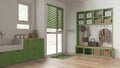 Pet friendly mudroom, laundry room, cabinets and shelves in green and wooden tones. Dog bath shower with mosaic tiles and