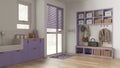 Pet friendly mudroom, laundry room, cabinets and shelves in purple and wooden tones. Dog bath shower with mosaic tiles and