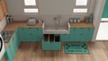 Pet friendly mudroom, laundry room in turquoise tones with cabinets and dog bath shower with tiles and faucet, wooden ladder