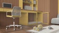 Pet friendly yellow and wooden corner office, desk with chair, bookshelf and dog bed with pillow and gate. Bookshelf and carpet