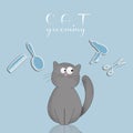 illustration of funny cat with grooming tools for pets grooming