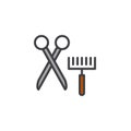 Pet grooming brush and scissors filled outline icon