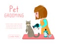 Pet grooming business vector illustration. Groomer girl dries cat after washing. Advertising banner of grooming salon Royalty Free Stock Photo