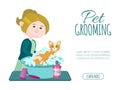 Pet grooming business vector illustration. Groomer girl is washing cute ginger cat with shampoo. Advertising banner of