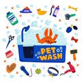 Pet grooming concept. Happy dog in a bath with foam and goods for bathing on white background. Dog care, grooming