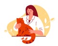 Pet grooming concept. A young woman cuts a cat's fur. Vector illustration in flat style. Isolated on a white background. Royalty Free Stock Photo