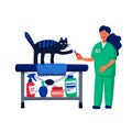 Pet grooming concept. Young woman cutting cats claws. Cat care, grooming, hygiene, health. Pet shop, accessories. Flat