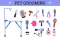 Pet grooming equipment set, scissors, brushes and shampoo - flat vector illustration isolated on white background. Royalty Free Stock Photo