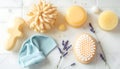 Pet grooming essentials in spa setting with loofah, soap, and lavender for Royalty Free Stock Photo
