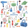 Pet grooming tools set. Dog and cat care, grooming, hygiene, health, accessories, vets Royalty Free Stock Photo