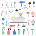 Pet grooming tools set. Dog and cat care, grooming, hygiene, health. Corgi dog bath Royalty Free Stock Photo