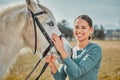 Pet, horse and smile with portrait of woman in countryside for adventure, race or embrace. Relax, care and equestrian Royalty Free Stock Photo