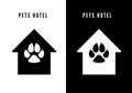 Pet hotel icon. Black house with dog footprint. Logo for pet hotel. Vector