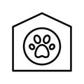 Pet house with roof, round entrance, paw print icon. Linear logo for pet shelter. Black illustration. Contour isolated vector Royalty Free Stock Photo