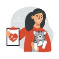 Woman with a cat shows pet insurance blank. Happy female with kitten on her hands. Hand drawn flat vector illustration on a white