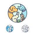 Pet logo with cartoon dog, cat, rabbit, hamster, line art illustration with color variations