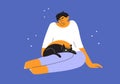 Pet love, care, cat shelter vector illustration with happy man sitting and petting black cat laying on owner legs