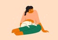 Pet love, care, cat shelter vector illustration with young woman sitting and petting white cat laying on owner legs