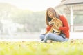 Pet lover concept. Young female and dog summer concept. The girl plays with the Shiba Inu dog in the backyard. asian women order