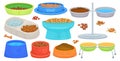 Pet meal bowl. Food containers pets treats, dog plate and cat dish with dry fodder or water, empty full bowls feed meal Royalty Free Stock Photo