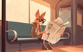 Pet old dog rides in a subway car, sitting on the seat and reading a newspaper. Generative AI