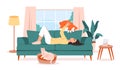 Pet owner. The girl is lying on the couch with her pets. A cat and a dog are resting on the sofa with their owner. Royalty Free Stock Photo