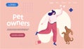 Pet owners landing page template. Happy woman playing with pet, funny girl jumping training a puppy Royalty Free Stock Photo