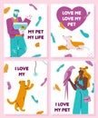 Pet and owner love card set - cat, dog and cartoon people holding parrot and fish