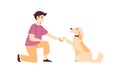 Pet owner teaches his dog to give a paw, flat vector illustration isolated.