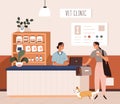 Pet owner at vet clinics reception desk. Woman client, dog and cat patients at counter of veterinary hospitals lobby Royalty Free Stock Photo