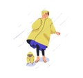 Pet owner walking with cute dog in rain. Woman and funny puppy in raincoats in rainy weather. Person and doggy in shower Royalty Free Stock Photo