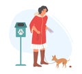 Pet owner walking dog and cleanup poop vector