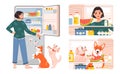 Pet owner. The woman opened the fridge with food and feeds the pets. Hungry woman checking refrigerator with food. Dogs choose foo