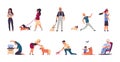 Pet owners. Cartoon man, woman and children playing or walking, spending time with domestic animals. People with cats