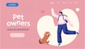 Pet owners landing page template. Happy woman playing with dog, funny girl jumping training a puppy Royalty Free Stock Photo