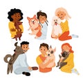 Pet owners love and care dogs set, child and adult characters holding cute animals