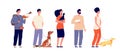 Pet owners. Man woman hugging pets. Isolated people with cat dog, bird and rat. Domestic animals, standing young friends