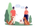 Pet owners. People walking pets, man and woman with dogs. Happy couple characters. Game with animals and communication