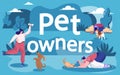 Pet Owners Playing with Cats and Dogs Outdoors