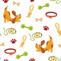 Dogs accessories seamless pattern. Pet shop assortment, store supply items for domestic pets, toys, collars and feed. Royalty Free Stock Photo