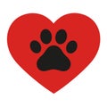 Pet paw love logo. Animal footprint with heart silhouette around.