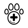 The pet paw and plus sign simple vector icon. Black and white illustration of veterinary hospital. Outline linear icon.