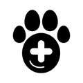 The pet paw and plus sign simple vector icon. Black and white illustration of veterinary hospital. Solid linear icon. Royalty Free Stock Photo