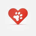 Pet paw in red heart, animal love icon