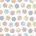 Pet prints. Paw seamless pattern. Cute background for pets, dog or cat. Childrens backdrop. Foot puppy. Different shapes. Footprin Royalty Free Stock Photo