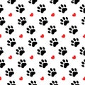 Pet prints. Paw seamless pattern. Cute background for pets, dog or cat. Foot puppy. Black silhouette shape paw. Footprint pet. Ani Royalty Free Stock Photo